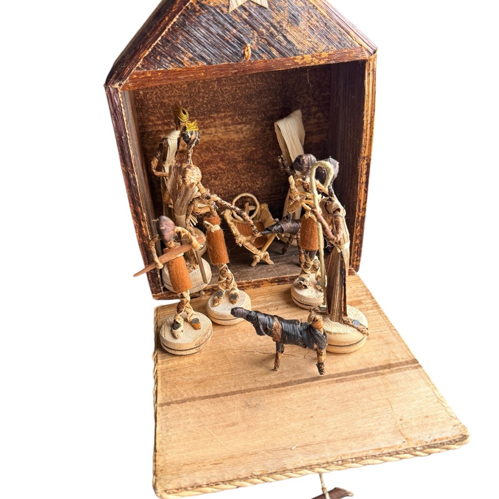 Handcrafted Nativity‎ Scene with Figurines banana leaf Afrobohemian home decor